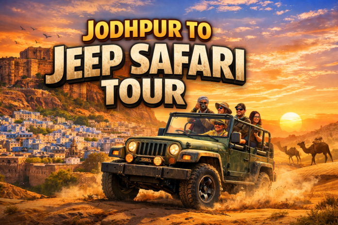 Powerful jeep driving through sand dunes during off-road desert adventure near Jodhpur