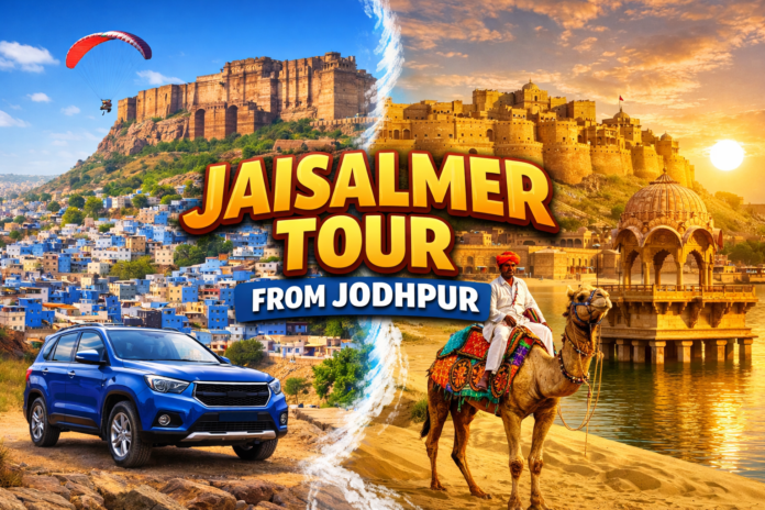 Camel safari during a desert journey from Jodhpur to Jaisalmer in Rajasthan