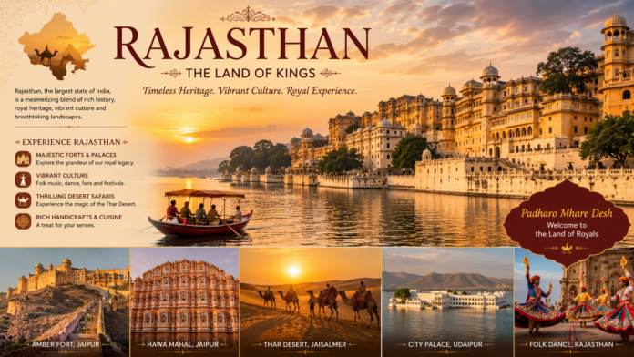 Scenic view of Rajasthan featuring historic forts, beautiful lakes, and ancient temples surrounded by cultural heritage landmarks.