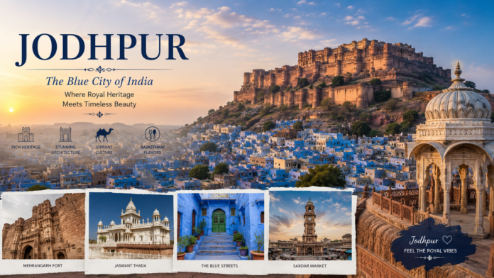 Mehrangarh Fort overlooking the Blue City of Jodhpur, showcasing Rajasthan's rich history, culture, architecture, and heritage landmarks.